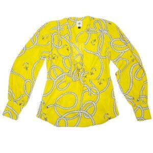 Cabi Reef Knot Blouse XS Yellow Anchor Print Nautical V-Neck Long Sleeve Popover